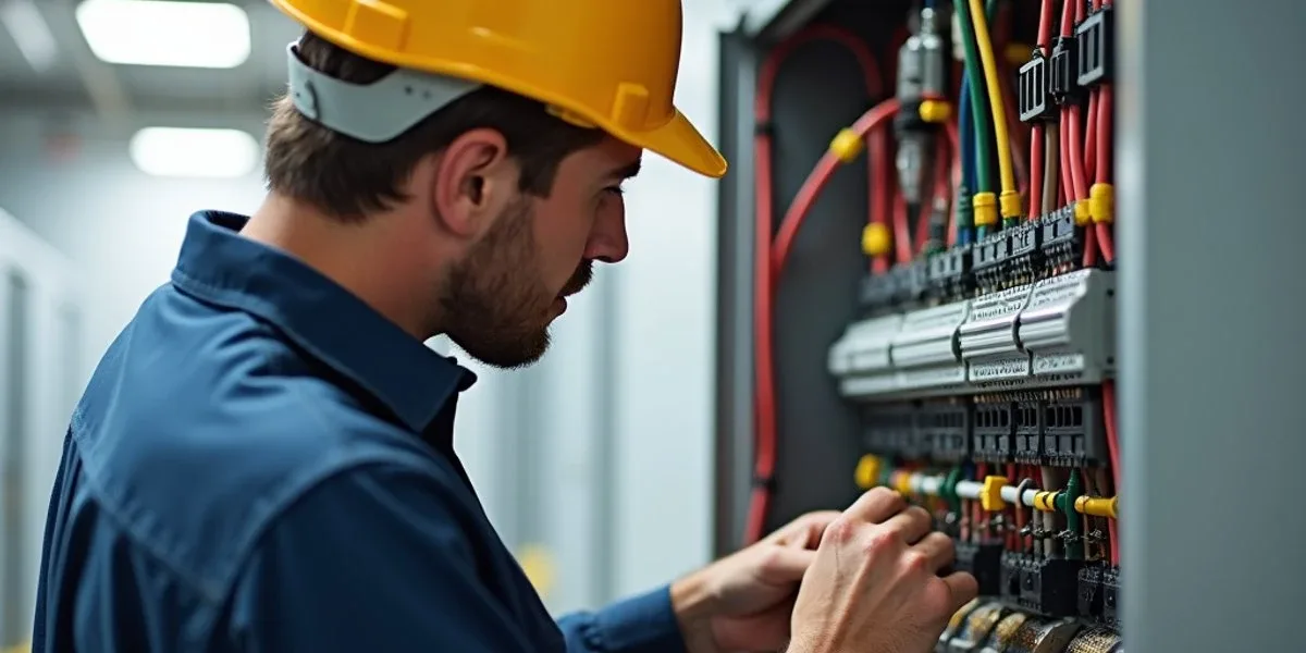 A CEG electrician working on a switchboard in Cessnock, NSW